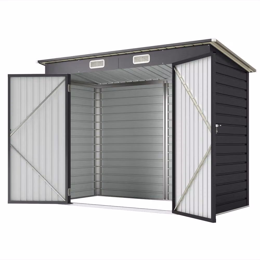 Rolipo Grey Galvanised Steel Pent Garden Shed with Lockable Double Doors, W: 112.776 cm, D: 237.7 cm, H: 215 cm – 2