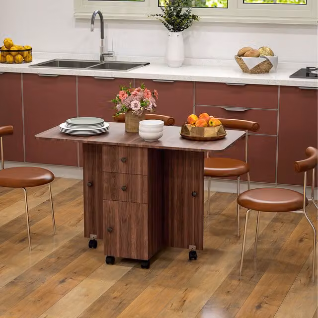 HOMCOM Modern Brown Folding Dining Table with Drop Leaf, Drawers, Open Shelf and Castors