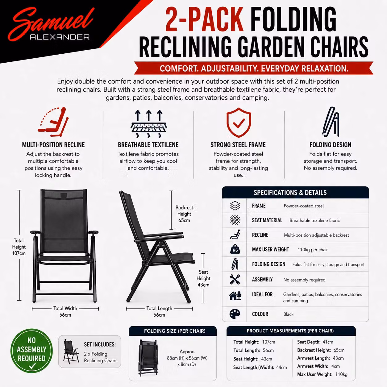 Samuel Alexander Set of 2 Black Multi Position Reclining Outdoor Folding Garden Chairs with Armrests – 5