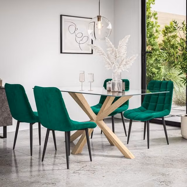 More4Homes Etta Glass Rectangular Dining Table with Solid Oak Legs and 4 Green Nova Velvet Dining Chairs – 1