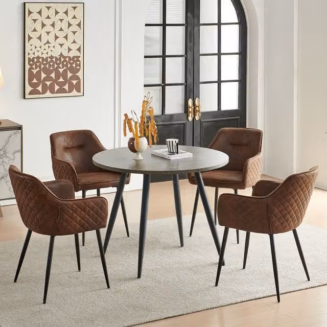 SONARA Grey Marble Round Dining Table and 4 Brown Faux Suede Dining Chairs Set – 1