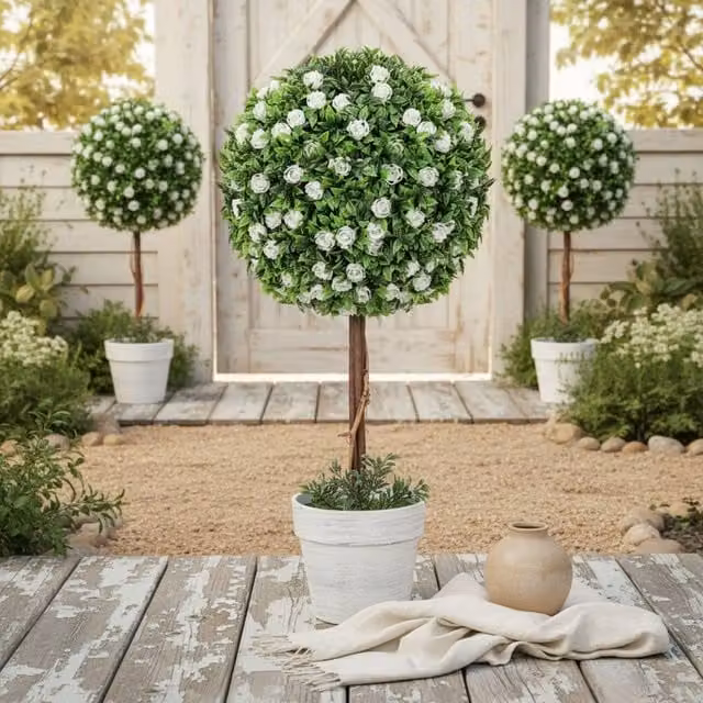 Wyld Haus Rahafi Set of 2 White Artificial Rose Topiary Ball Trees in Pots, H 60 cm x W 27 cm x D 27 cm – 1