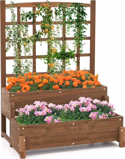 COSTWAY 2-Tier Wooden Raised Bed Planter in Brown for Ornamental, Herb and Vegetable Gardens