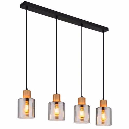 Netlighting Aleidis Industrial Pendant Light with Brown Wood and Black Metal in Black and Brown with Transparent Glass Spheres, 4x E27, Height: 120 cm