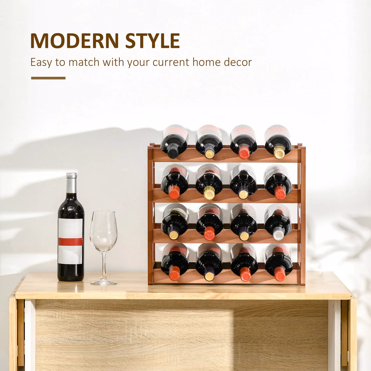 HOMCOM Free Standing Bamboo Wine Rack with 16 Bottle Holder in Brown – 5
