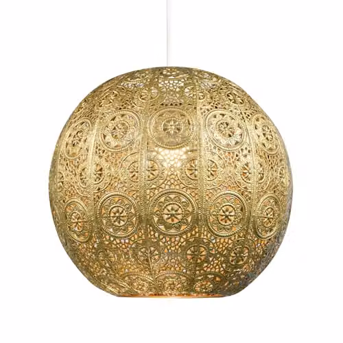 Happy Homewares Spherical Moroccan Metal Pendant Lamp Shade in Gold, W: 30 cm, D: 26 cm, H: 26 cm