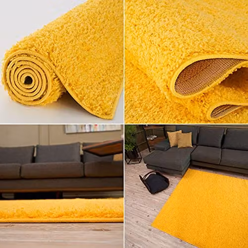 THE RUGS Yellow Plain High Pile Shaggy Square Rug, W/D: 120 x 120 cm – 2