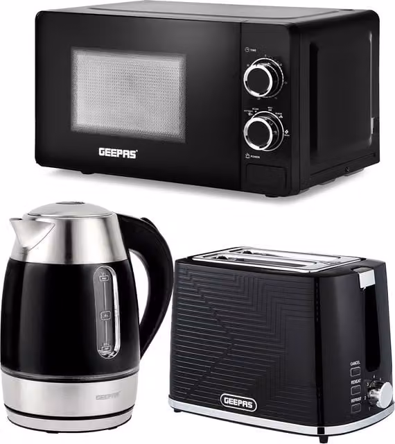 Geepas Kitchen Combo Set in Black featuring 1.7L Illuminating Electric Kettle, 2 Slice Bread Toaster and Microwave