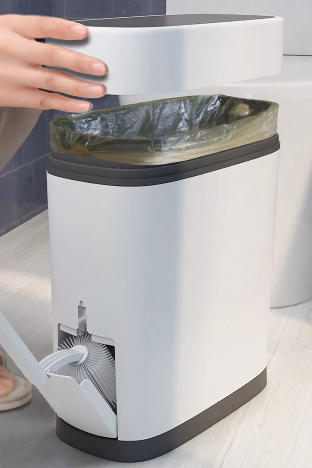 Livingandhome Slim Plastic Bathroom Trash Can with Built-in Toilet Brush and Lid, Black – 2