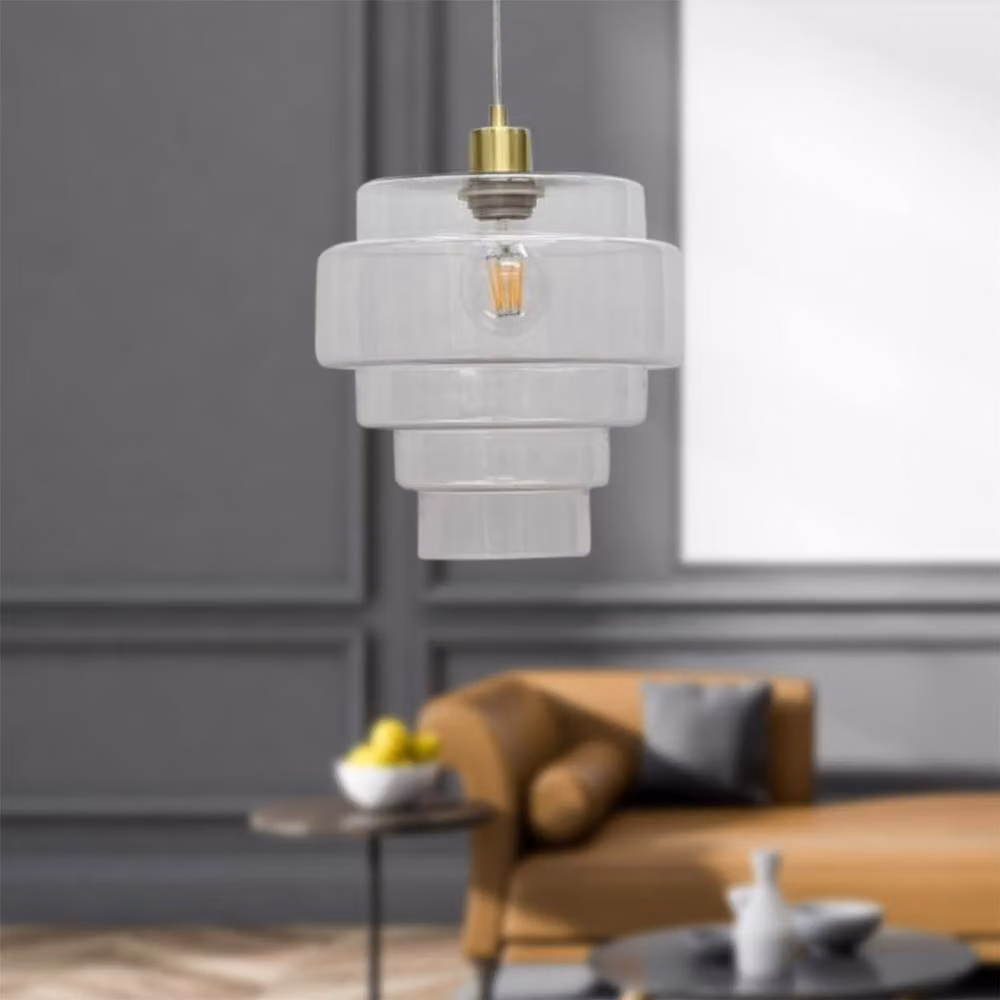 First Choice Lighting Benson 5 Tier Clear Glass and Satin Brass Ceiling Pendant Light, H 113 cm x W 23.5 cm x D 23.5 cm – 2