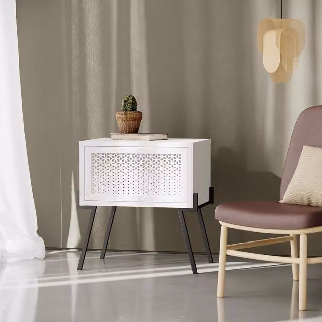 FWStyle White 1 Door Bedside Cabinet with Handless Push Design and Metal Legs