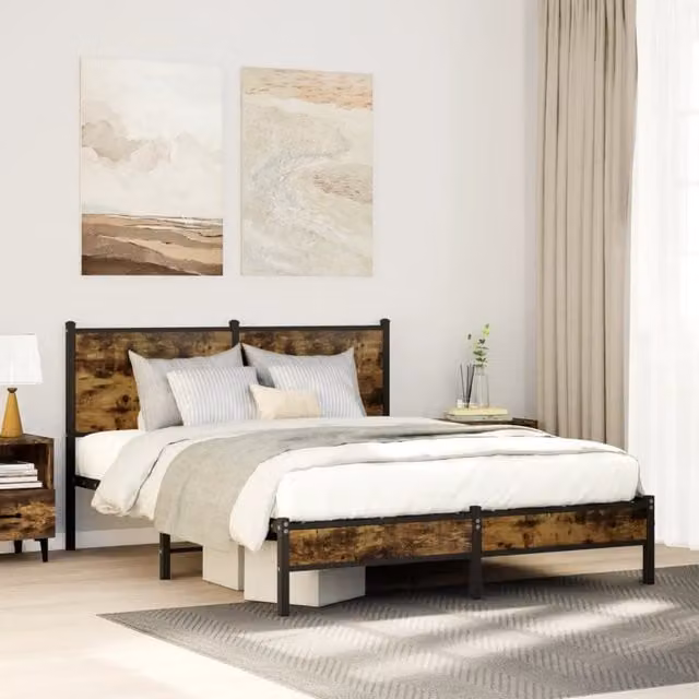 Berkfield Home Metal Bed Frame in Smoked Oak Brown, W/D/H: 140 x 190 cm – 1