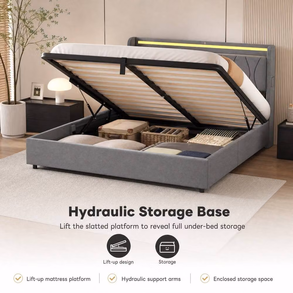 STILVORA King Upholstered Bed Frame in Grey with Hydraulic Storage, LED Lighting and USB Charging Ports, W/D/H: 180 x 200 cm – 5