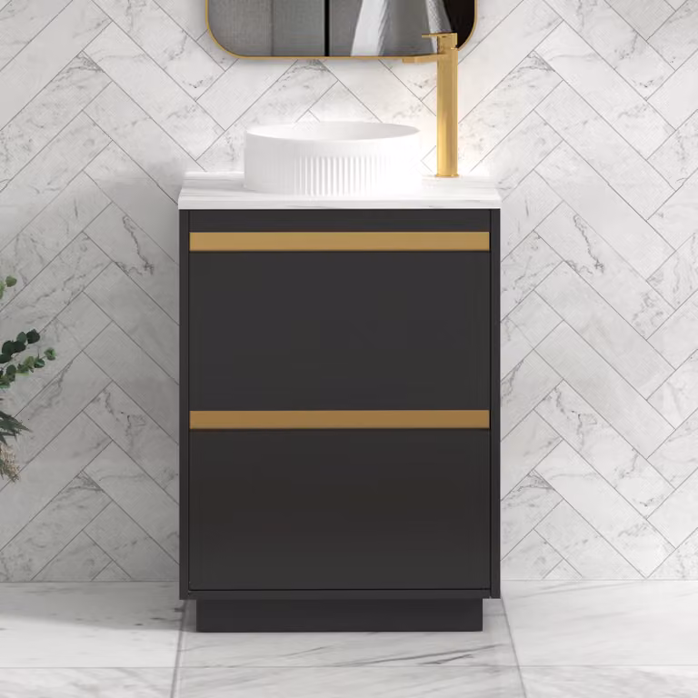 Royal Bathrooms Orion 600mm Matt Obsidian Black Floor Standing Countertop Vanity Unit with 2 Drawers, Round Basin and Brushed Brass Accent Trim