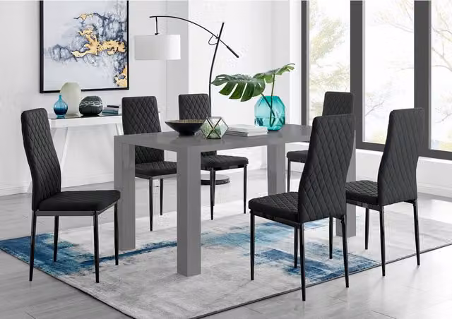 FurnitureboxUK Pivero Grey Rectangular Dining Table and 6 Milan Black Faux Leather Chairs