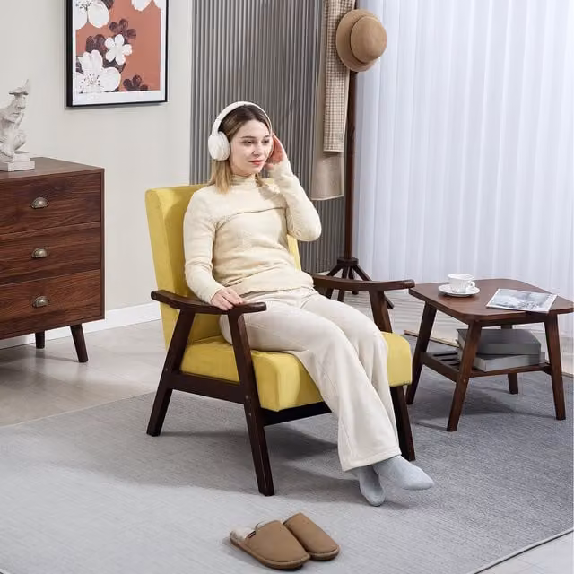 HOMCOM Yellow Velvet Armchair with Solid Rubberwood Frame and Foam Padding