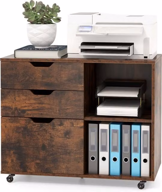Costway Brown 3-Drawer Printer Stand Cabinet with Castors and Lock