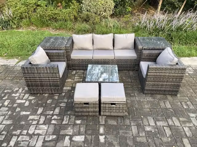 Fimous 8 Piece Rattan Garden Furniture Set in Dark Grey with 3 Seater Sofa, Armchairs, Coffee Table and Side Tables