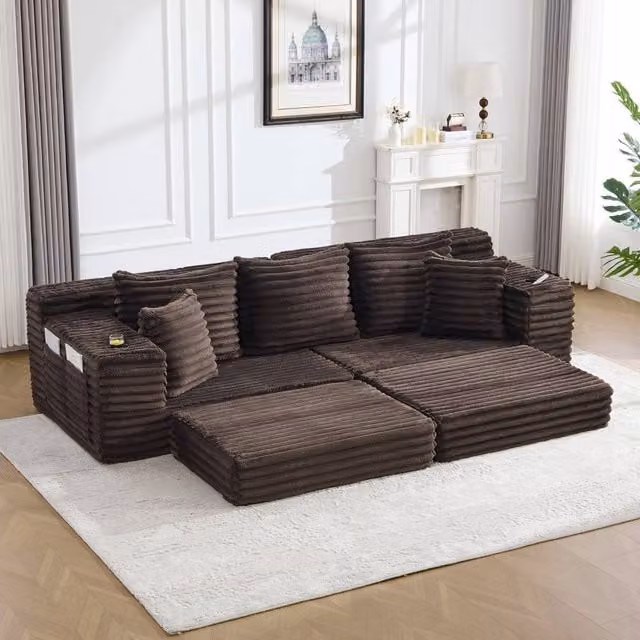 Matteo Corduroy Convertible Sofa Bed with Cup Holders and Pockets in Brown – 1