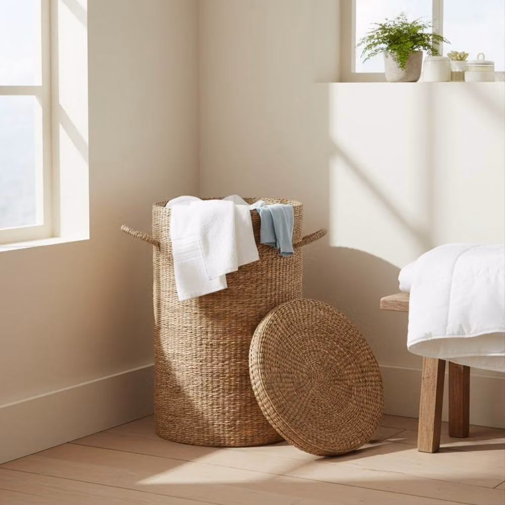 CALICOSY Natural Seagrass Laundry Basket with Lid and Handles, Brown, W/D/H: 40 x 60 x 40 cm – 2