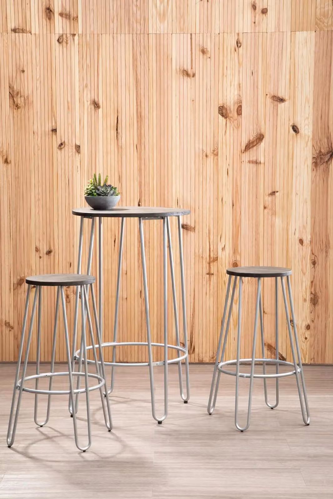 Orsina Set of 3 Modern Round Wood and Metal Frame Bar Stools in Beige and Silver – 2