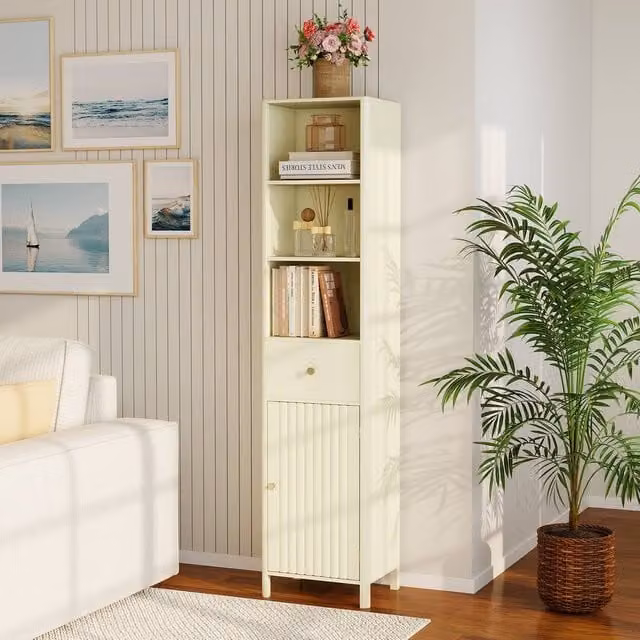 Costway Beige Wooden Narrow Bathroom Floor Cabinet with Drawer and Internal Shelves, Height: 170 cm, Width: 30 cm, Depth: 40 cm