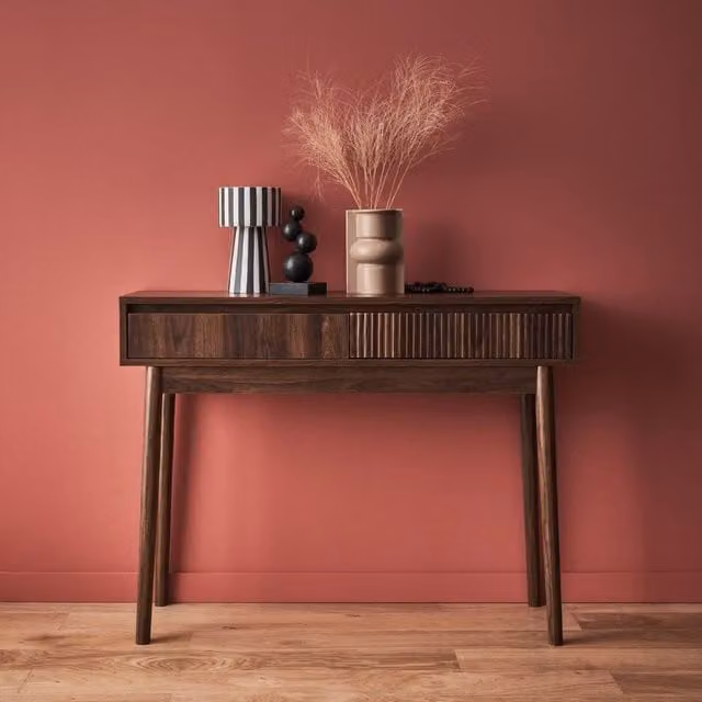 Sweekeet Scandinavian Style Pine Wood Console Table with Grooved Detail in Dark Brown, W: 100 cm, H: 75 cm – 1