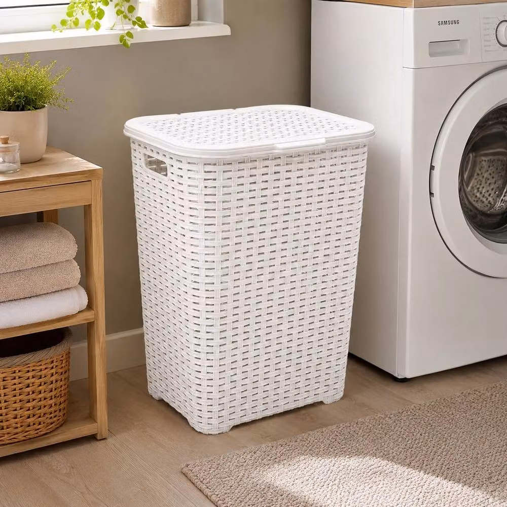 VOGREX 45L Rattan Effect Laundry Hamper Basket with Lid and Handles, White – 2