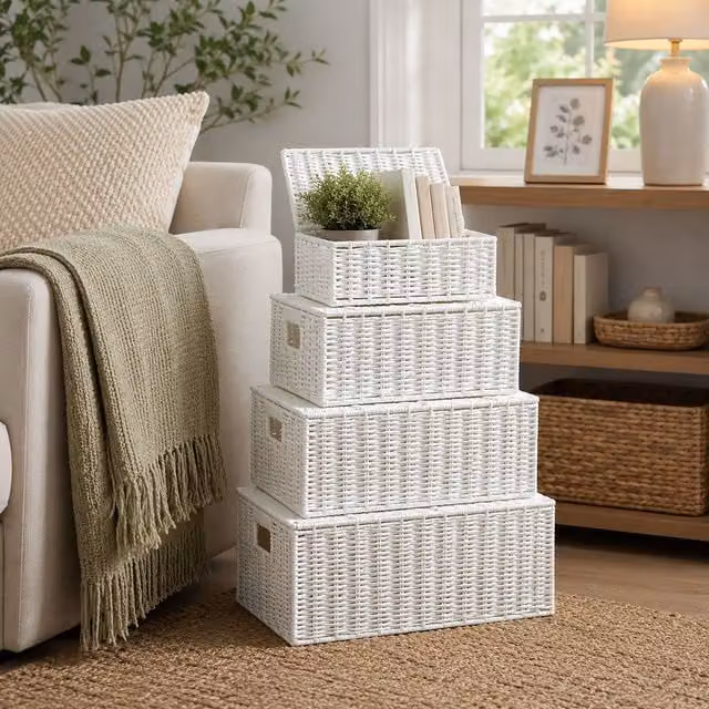 Marco Paul Set of 4 White Open Weave Paper Rope Storage Baskets with Lids and Handles – 1