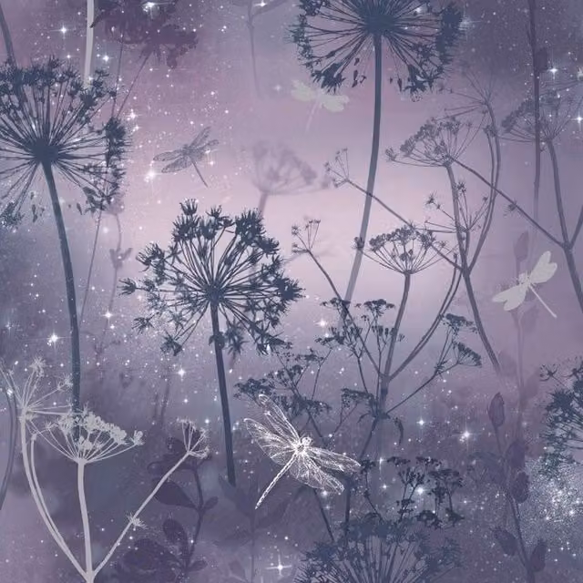 Arthouse Fantasia Damselfly Botanical Floral Wallpaper in Purple