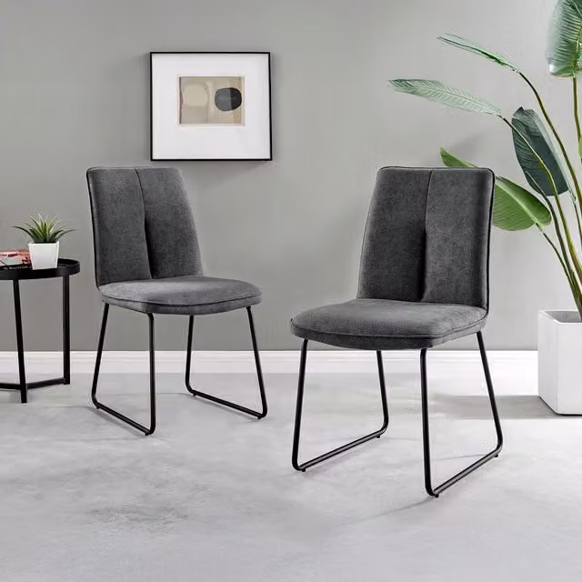 FurnitureboxUK Set of 2 Halle Upholstered Fabric Dining Chairs in Grey with Black Metal Legs