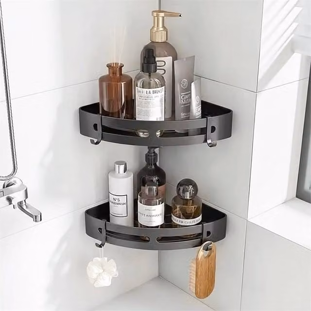 Nordara 2 Pack Matt Black Aluminium Corner Bathroom Shower Shelves – 1