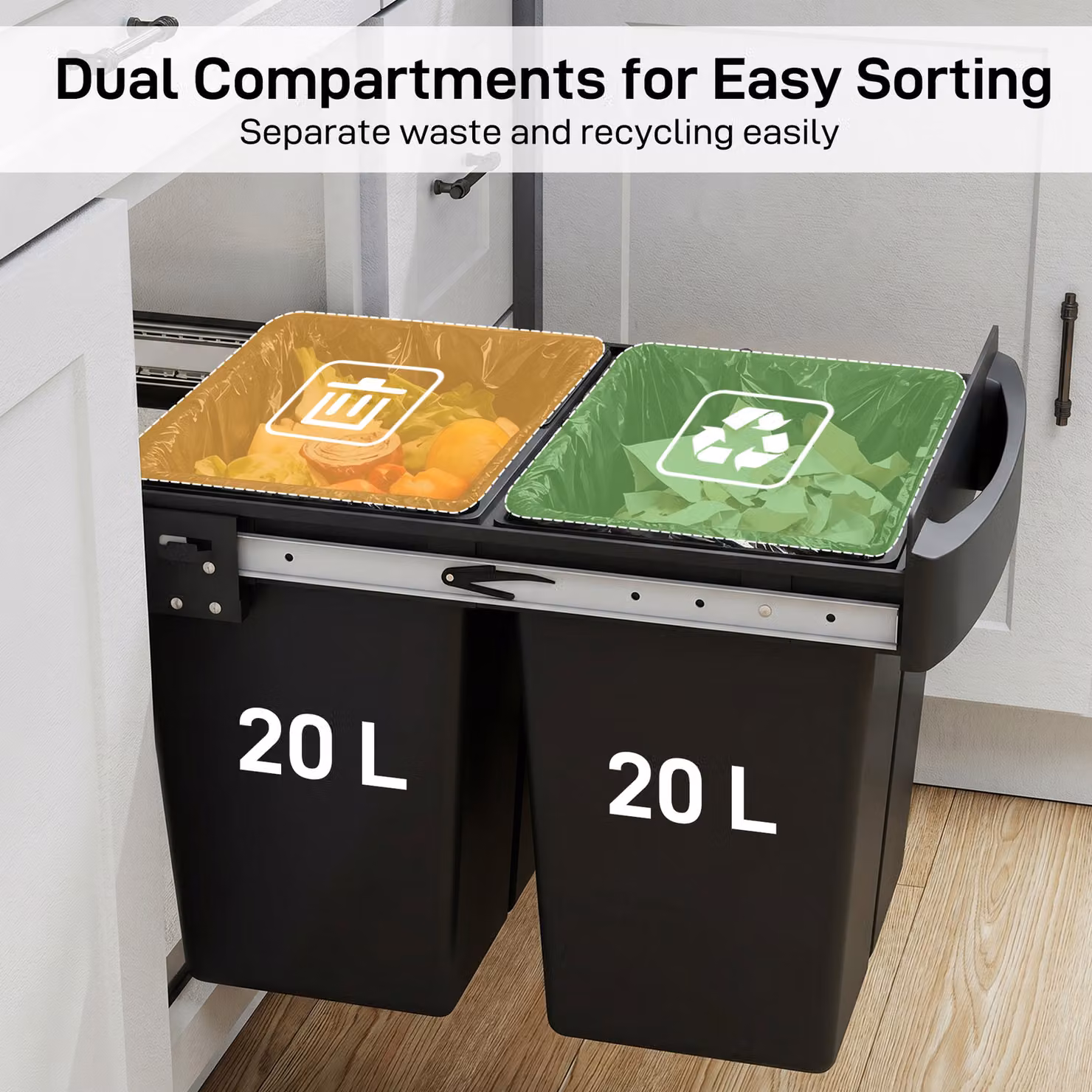 HOMCOM Pull Out Kitchen Under Sink Bin with 2 Removable Compartments, Black – 5