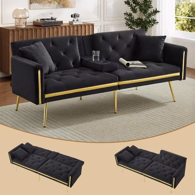 BTM Two Seater Velvet Click Clack Sofa Bed with Adjustable Headrest and Cup Holders in Black and Gold, W/D/H: 174 x 76 x 71.5 cm