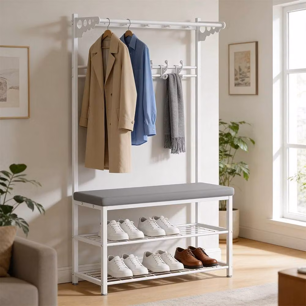 EONLION White and Grey Hall Tree with Shoe Bench and Coat Rack Organiser – 3