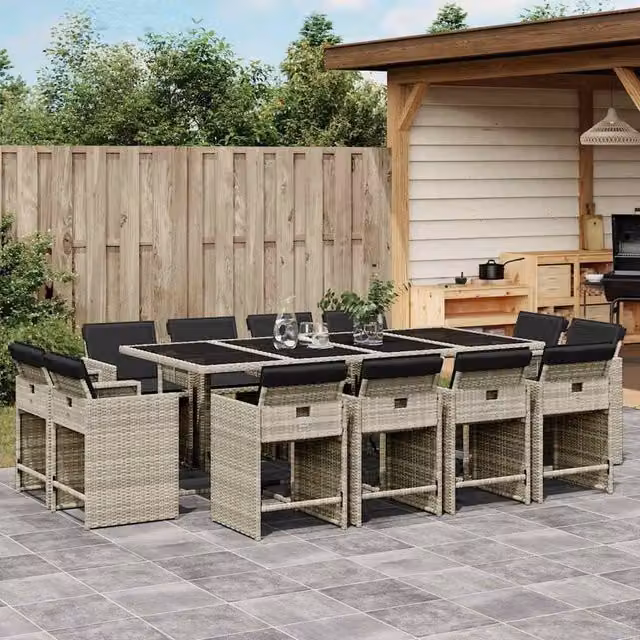 Berkfield Home 13 Piece Garden Dining Set with Light Grey Poly Rattan Cushions