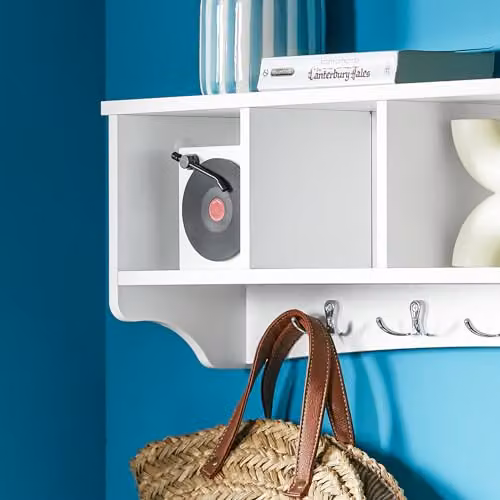SoBuy White Wall Display Storage Unit with 4 Components and 5 Hooks, W/D/H: 73 x 16 x 24 cm – 4