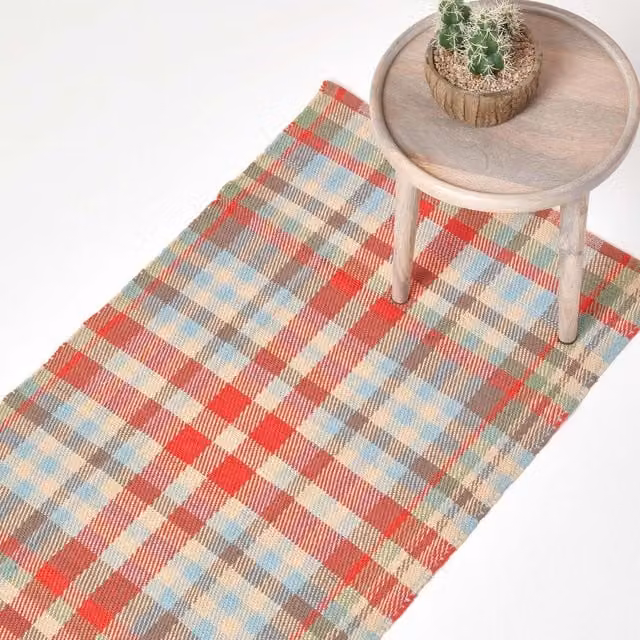 Homescapes Ramsay Handwoven Cotton Tartan Rug, Multicolour