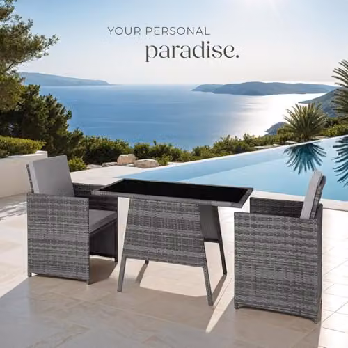 tectake Rattan Bistro Set in Grey with 2 Chairs and 1 Table featuring Glass Top and Removable Cushions – 7