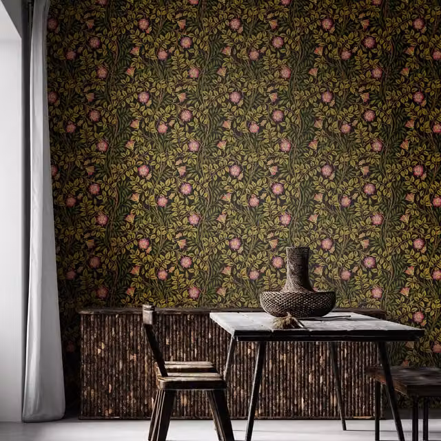 Hoopla Walls Rosehip Trail Floral Wallpaper in Aubergine, Purple, Yellow and Green