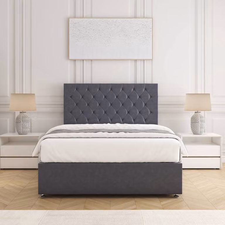 BSSPOKE Mia Plush Velvet Double Divan Bed with 2 Drawers and 24 inch Headboard and Mattress in Charcoal Grey, W/D/H: 140 x 200 cm