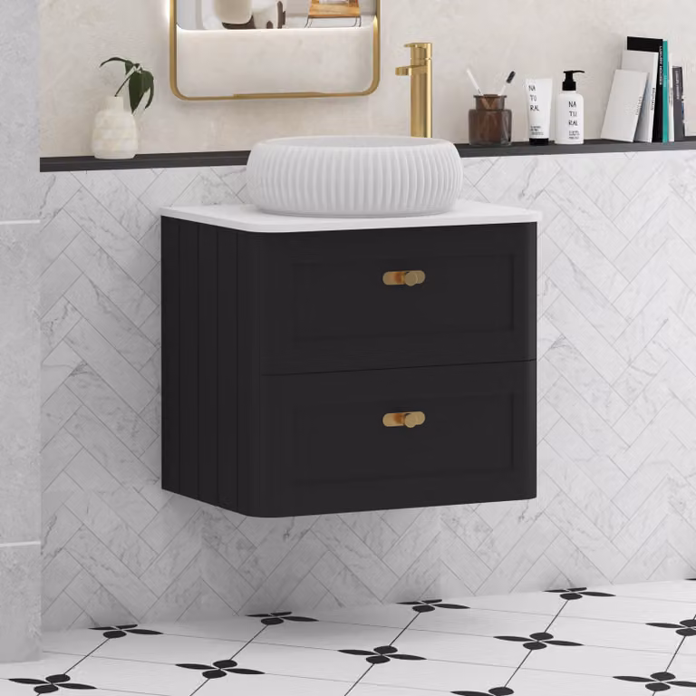 Royal Bathrooms Henley 600mm Wall Hung Vanity Unit in Matt Nocturne Black with 2 Drawers, Plain White Worktop, Milan Basin and Brushed Brass Knob