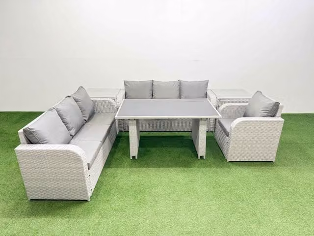 Fimous 7-Seater Patio Sofa Set with Rectangular Table and 2 Side Tables in Light Grey