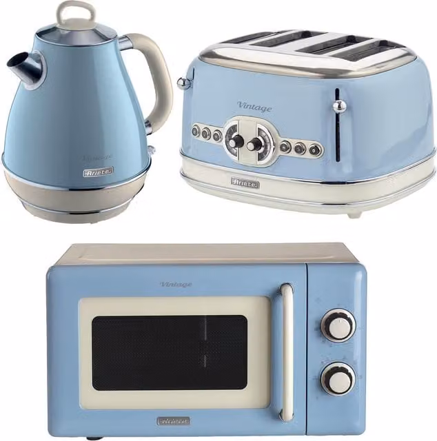 Ariete Vintage Blue Jug Kettle 1.7L, 4 Slice Toaster and Microwave Set – 1