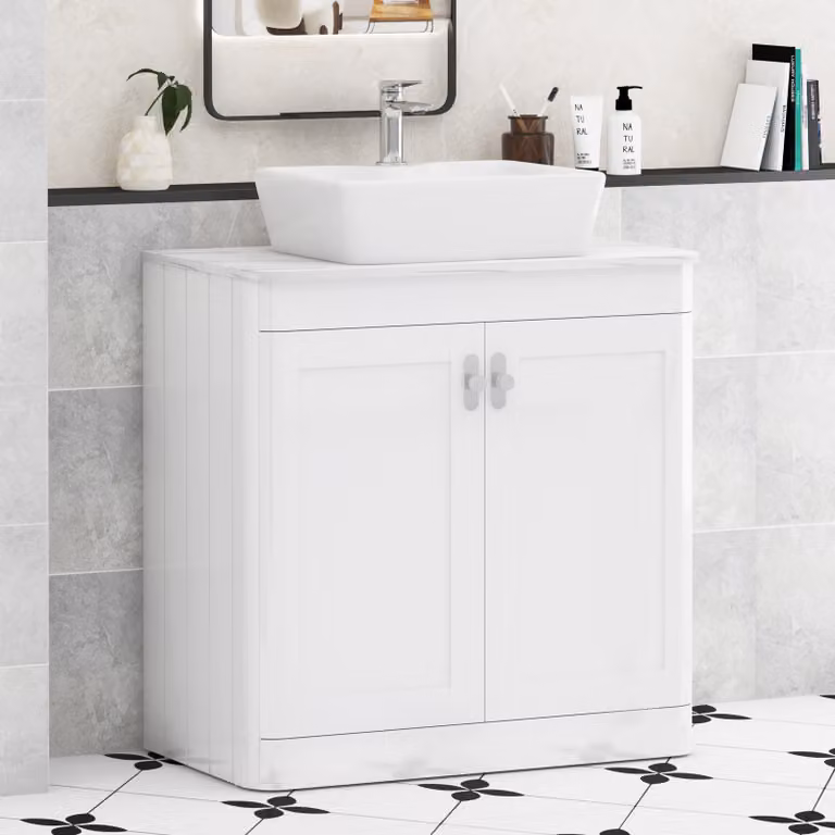Royal Bathrooms Henley 800mm Gloss White Floor Standing 2 Door Vanity Unit with Cube Basin and Chrome Knob