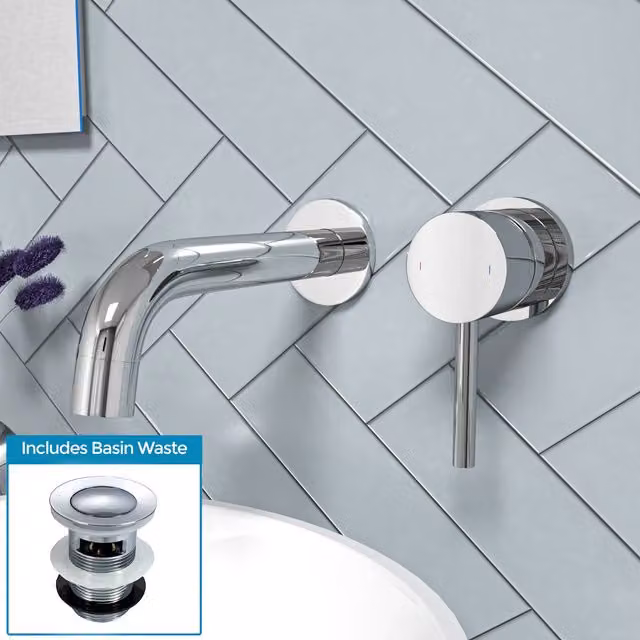 Nes Home Remy Wall Mounted Curved Spout Basin Mono Mixer Tap with Pop Up Waste, Chrome Silver – 1