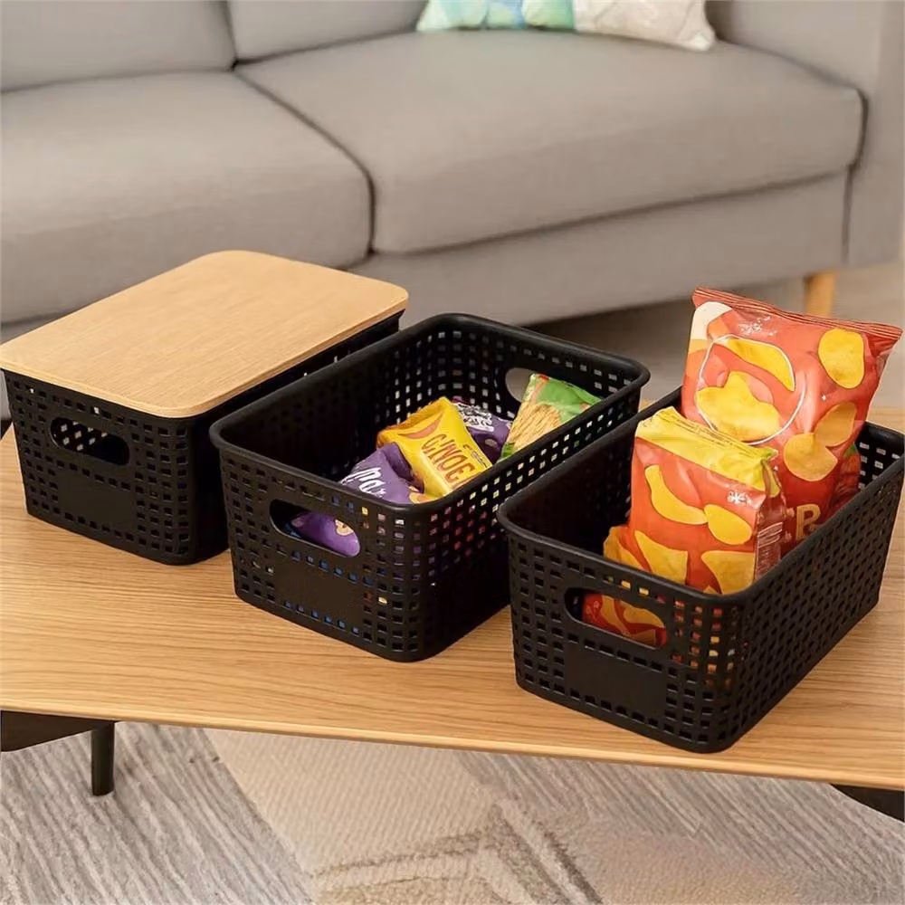 VOGREX 6 Piece Black Plastic Stackable Storage Bins with Bamboo Lids – 6