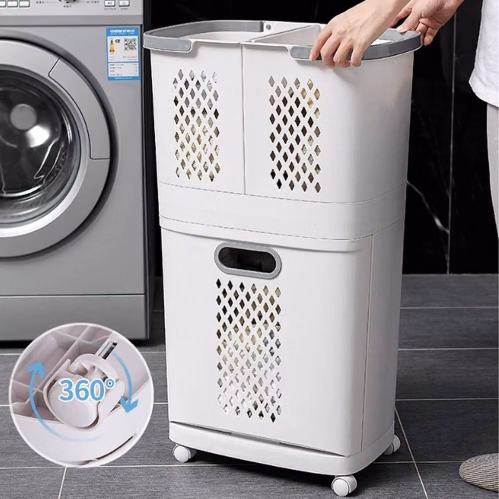 Kelvenix 2 Tier Mobile Laundry Basket Trolley Cart with Removable Bags in White – 2