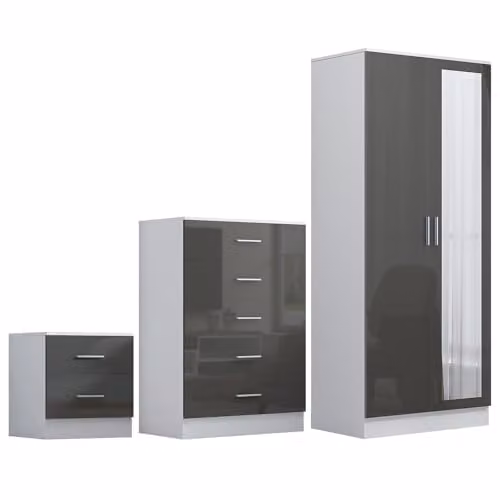 Reflect Modern Bedroom Furniture Set in Grey Gloss and Matt White Finish featuring 2 Door Mirror Wardrobe, 5 Drawer Tallboy Chest and 2 Drawer Bedside Table – 2