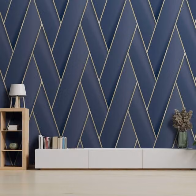 Debona Armando Herringbone Geometric Art Deco Wallpaper in Blue – 1